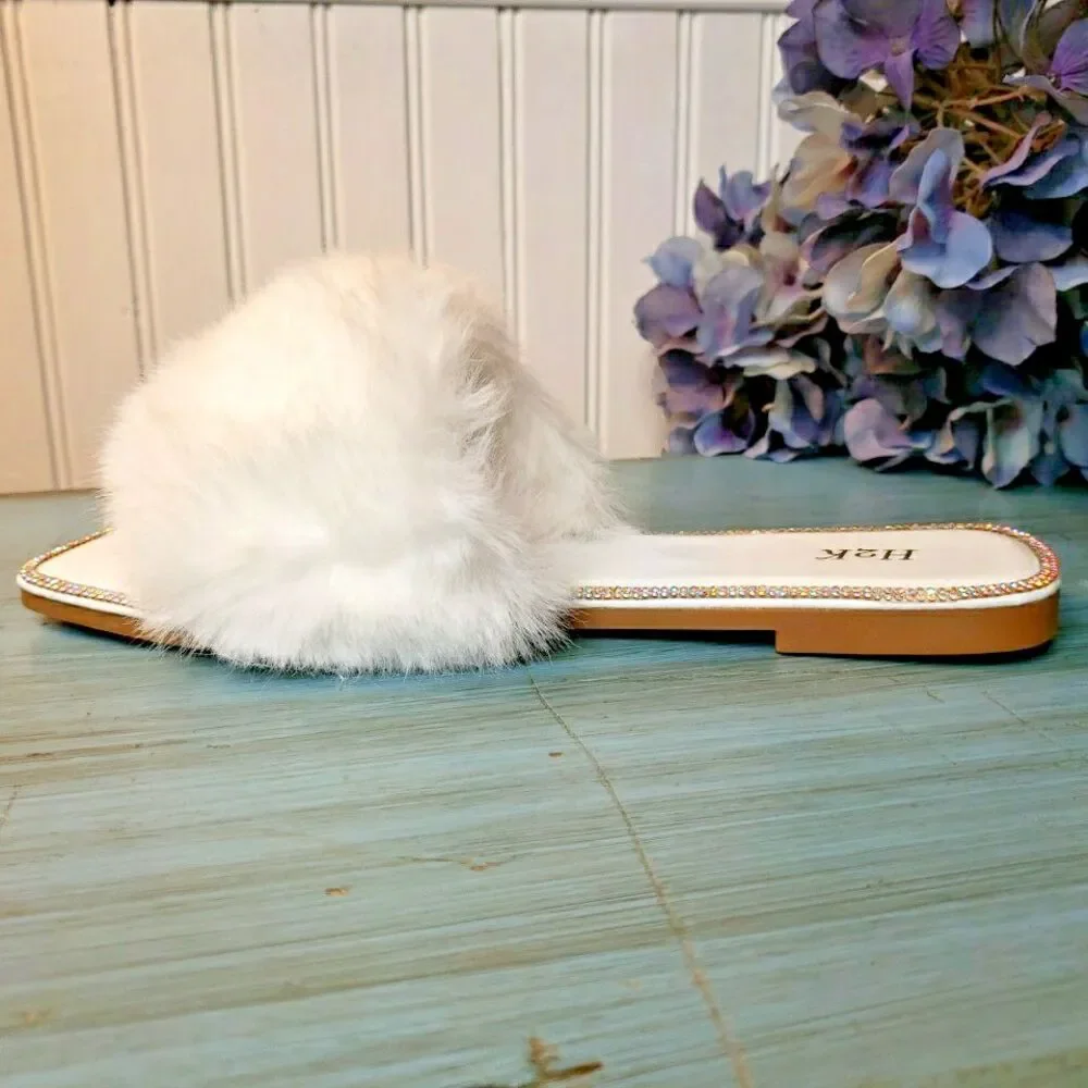 Faux Fur Rhinestone Slides Sandals Slippers Wedding Fuzzy Bling Cute Women Sz 10 - Picture 11 of 16